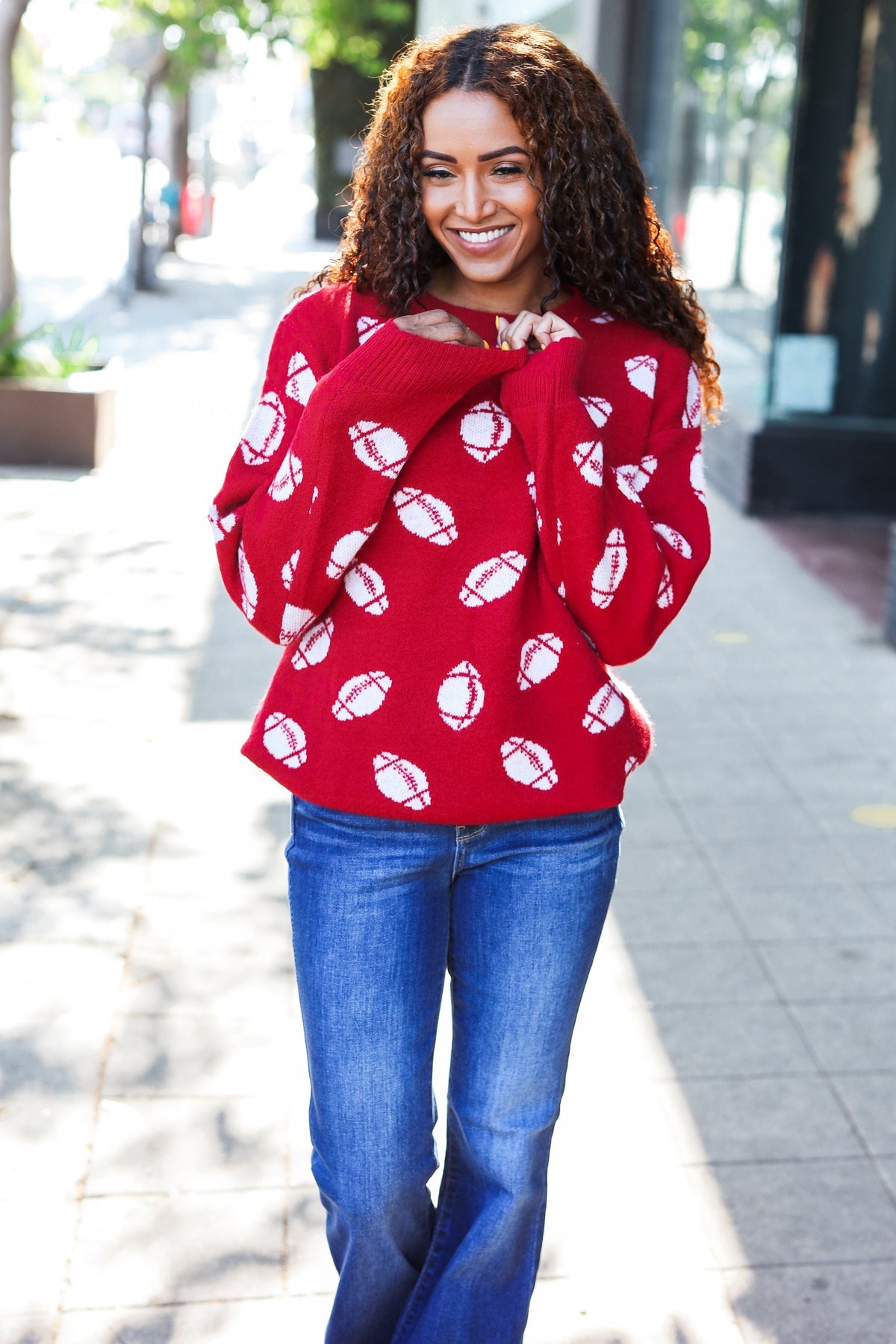 Game Day Red Football Print Jacquard Knit Sweater