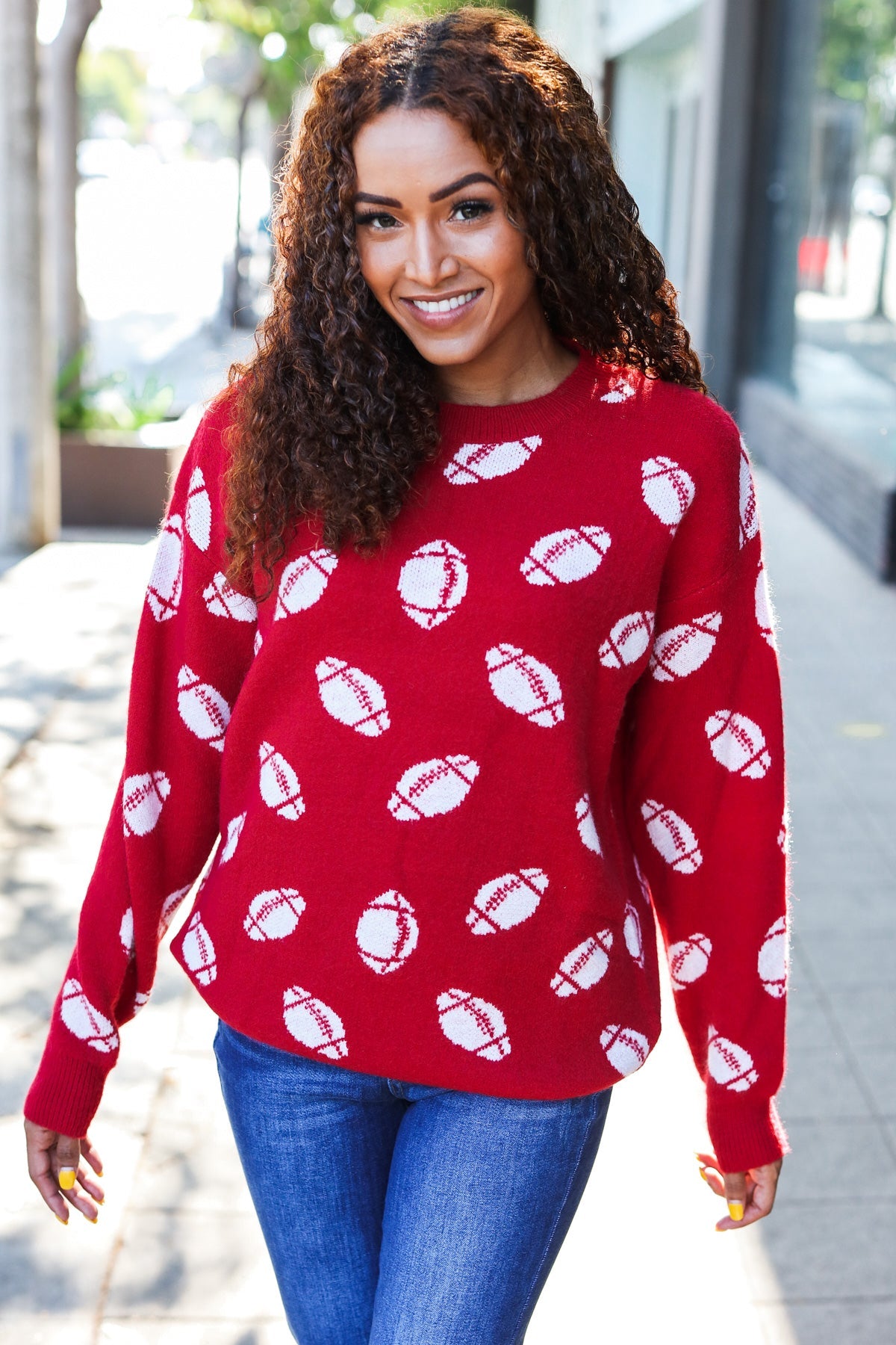 Game Day Red Football Print Jacquard Knit Sweater