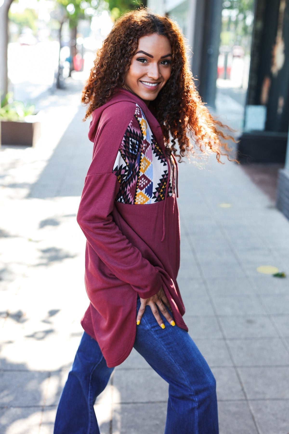 Stand Out Burgundy Tribal Print Half Zip Longline Hoodie