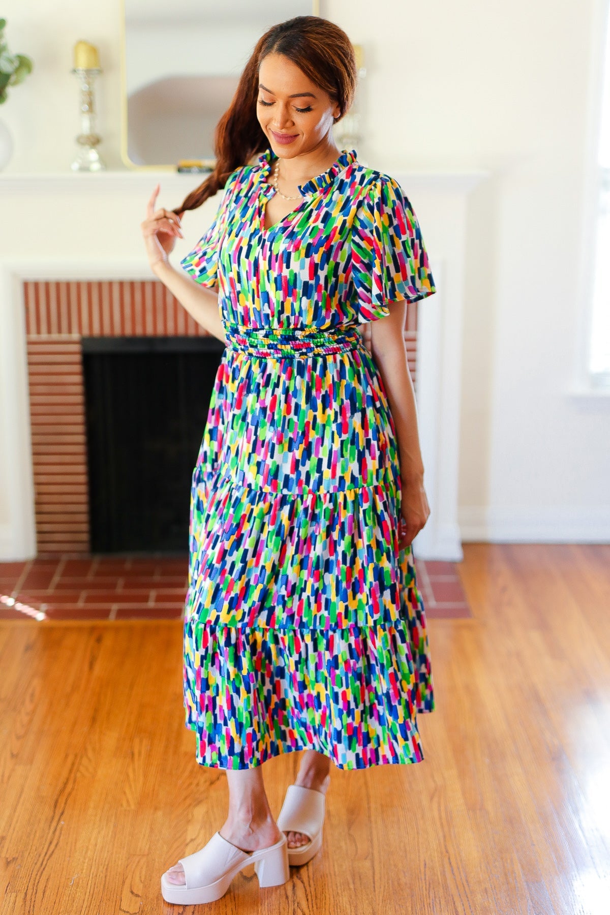 All For You Navy Multicolor Abstract Print Smocked Waist Maxi Dress