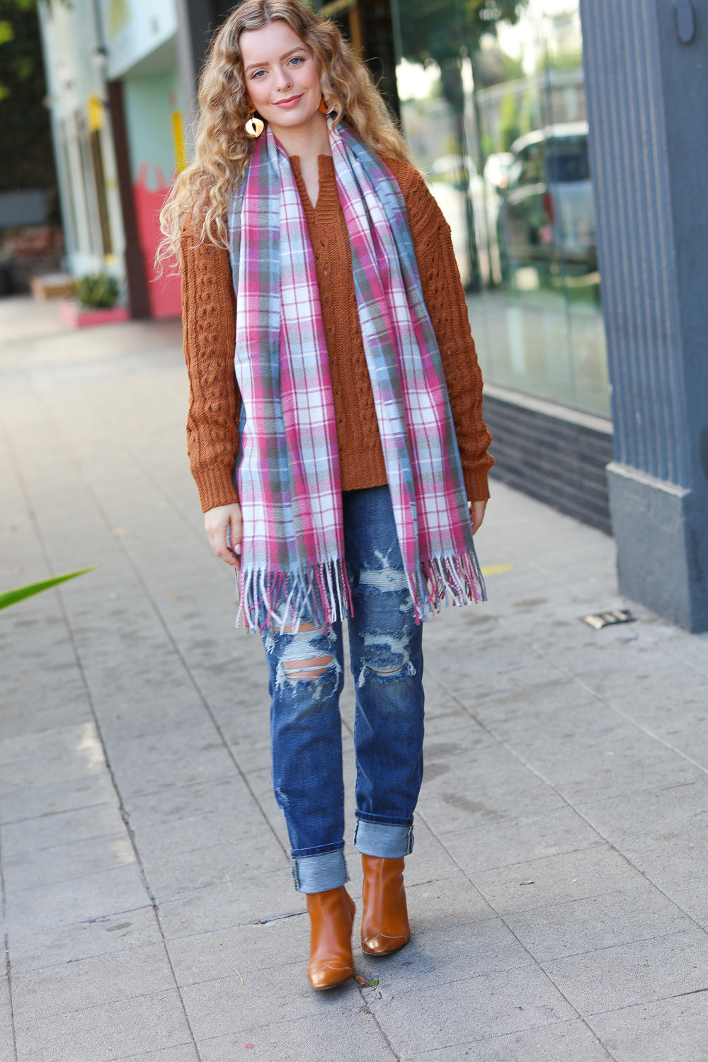 Keep Me Cozy Blue & Light Burgundy Plaid Fringe Scarf