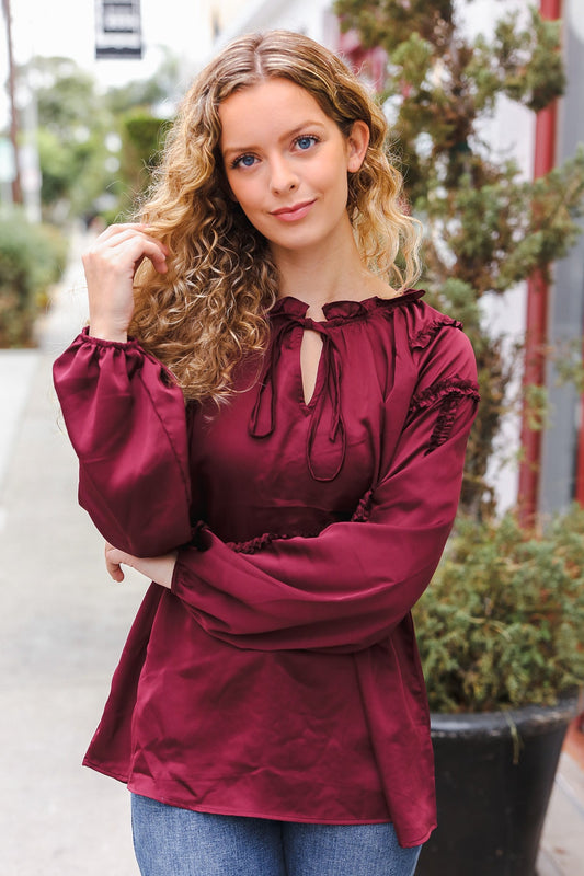 Holiday Vibes Burgundy Frill Detail Tie Neck Satin Top