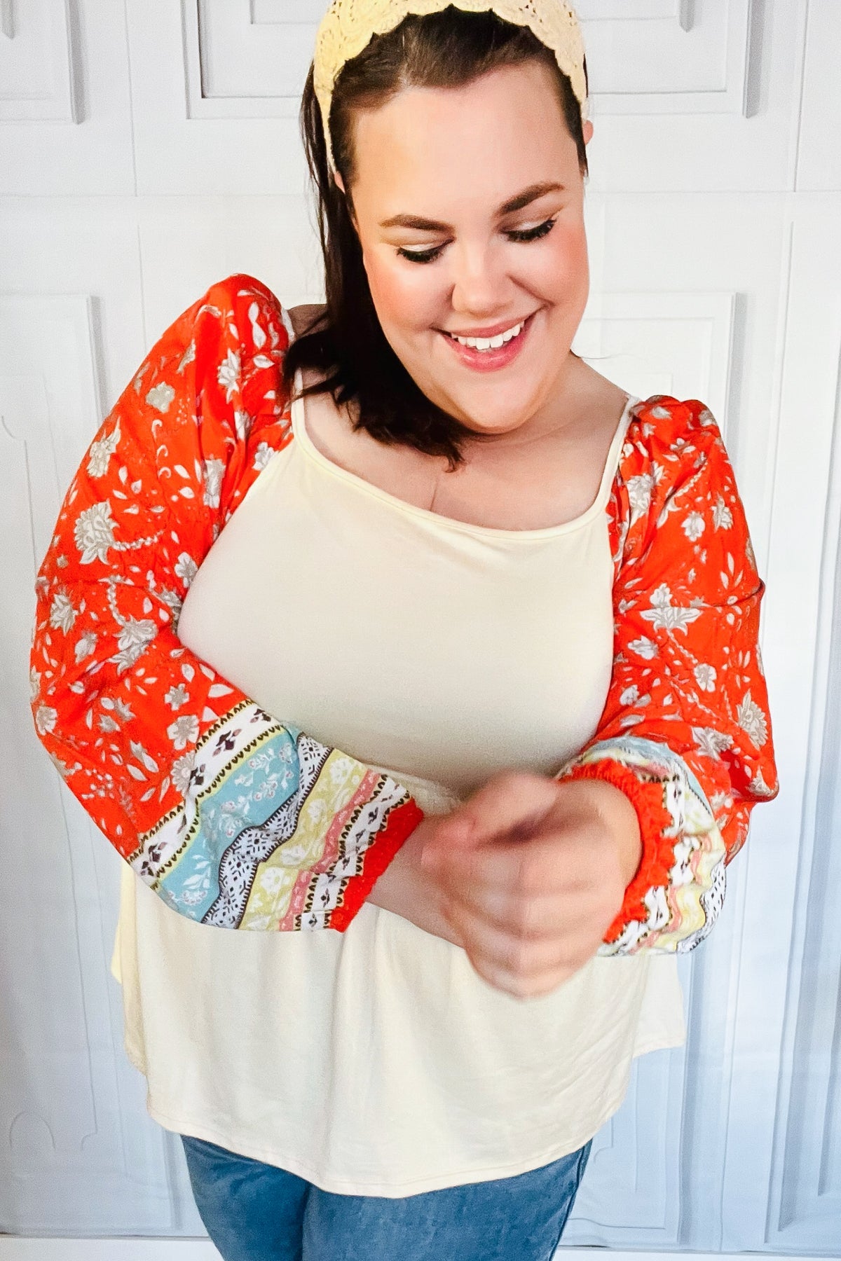 Hello Beautiful Oatmeal & Orange Square Neck Paisley Floral Blouse