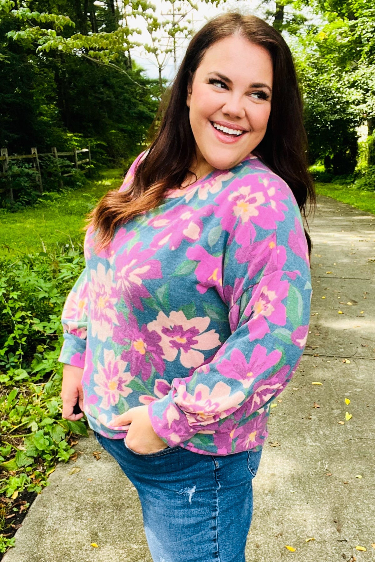 Feeling Femme Teal Floral Brushed Hacci Sweater Top